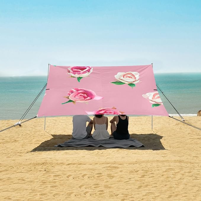 Watercolor Roses Pink Beach Tent Sun Shelter Set UPF50+ UV Protection 10.5 x 9.19 FT Camping Shade Canopy with Sandbags Sand Anchors Carrying Bag and Others