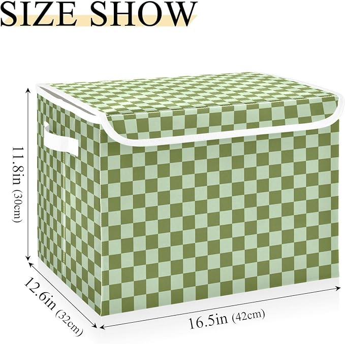 Light Green Checkerboard Storage Baskets Lidded Bin Foldable Storage Boxes Cubes Lids with 2 Handles for Organizing Closet Home Office