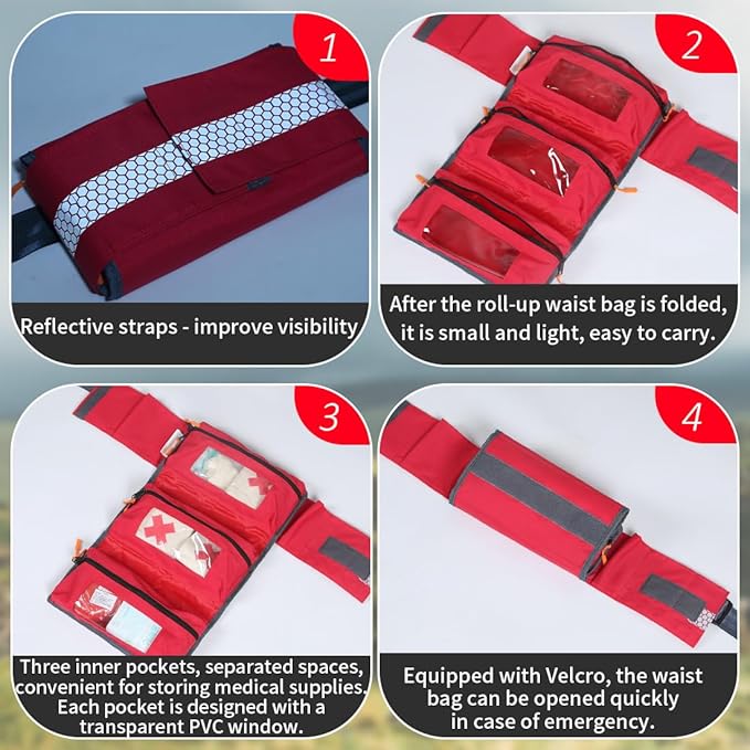 Empty First Aid Waist Bag Molle Medical Pouch with Belt EMS Fanny Pack with Three-piece SystemIFAK Medical Bag for CampingHiking or Traveling (Red)