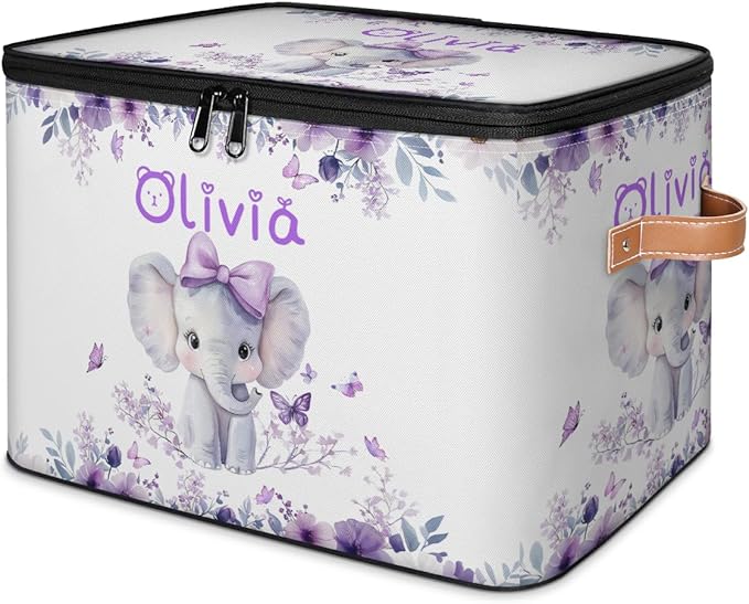 Custom Elephant Storage Bins with Lid Foldable Personalized Storage Basket Boxes with Handle Purple Flowers Shelf Basket Closet Organizer Cube