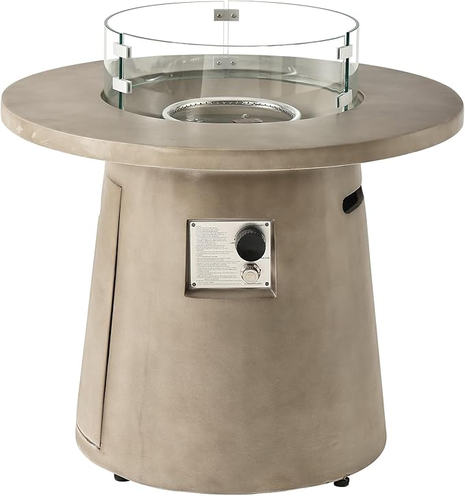 HOMPUS Outdoor Fire Pit Gray Propane Fire Table 31 inch Round Concrete Propane Fire Pit with Rain Cover 40000 BTU Gas Smokeless Firepit for Outside PatioGardenDeckBackyard