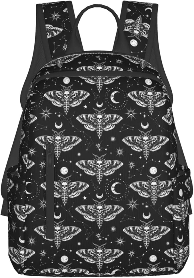 Unisex Backpack Casual Rucksack Big Capacity gothic moth skull sun moon black and white Bookbag with Padded Straps Anti Theft Rucksack for Travel Hiking Camping