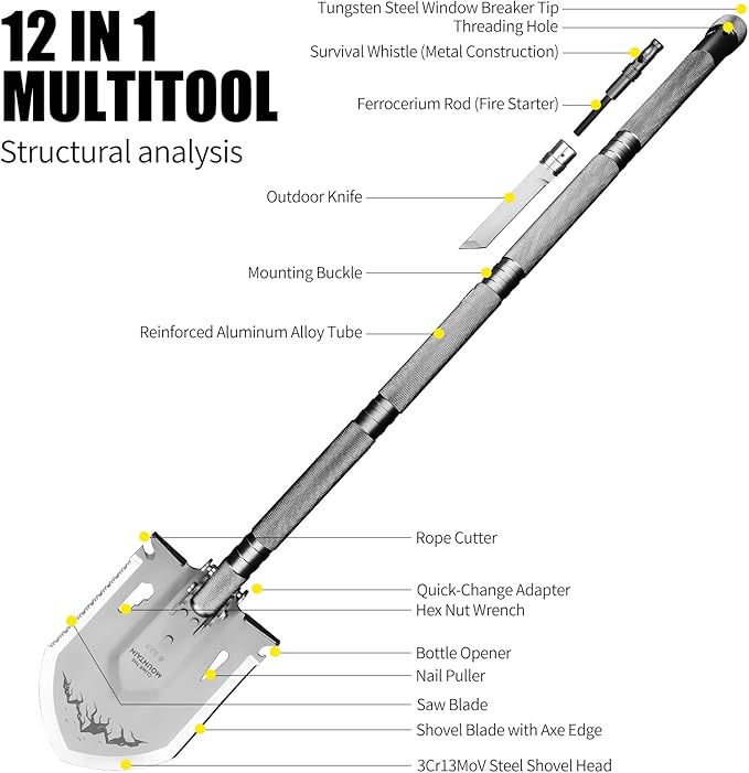 13-in-1 MultitoolFolding ShovelHeavy Duty 3Cr13Mov Steel Multi-Purpose Camping Shovel for Off-Road Gardening Beach Snow Digging &amp Emergency Use with Aluminum Handle and Carry Bag