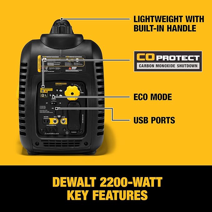 DeWalt 2500 Starting Watt Portable Inverter Generator Gas Powered CO Protect Carbon Monoxide Detection 8 Hour Runtime Quiet Operation Home Backup RV Camping Jobsite 49 State