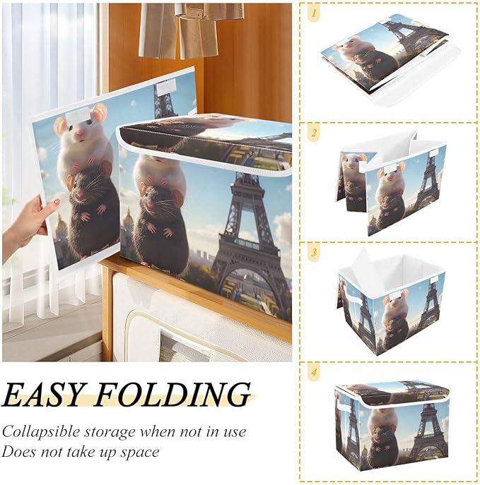 Storage Cube with Lid Mouse Eiffel Print 16.5×12.6×11.8 IN Collapsible Large Capacity Foldable Storage Basket Bin Organizer