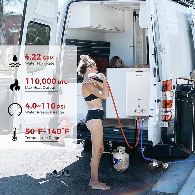 CAMPLUX 4.22GPM Propane Water Heater with 3.3 GPM Water Pump &amp Pipe Strainer 110000BTU Tankless Outdoor Water Heater BW422P120