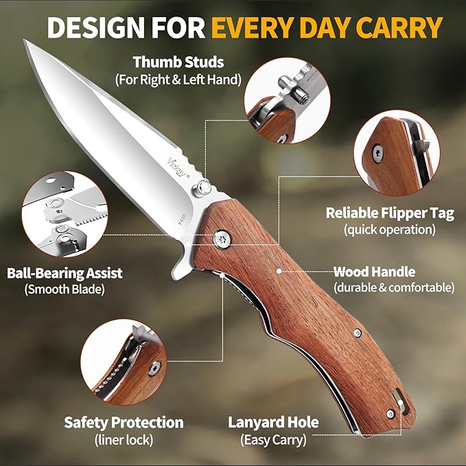 Vickay Pocket Knife for Men 3.4 8Cr13MoV Steel Blade Wood Handle EDC Folding Knife with Liner Lock for Outdoor Camping Tactical Hunting Hiking Survival - Father’s Day Gift