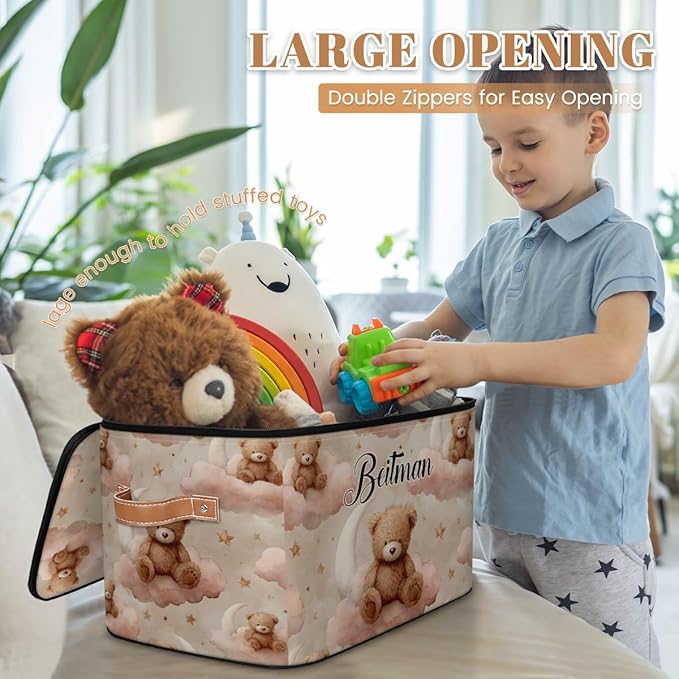 Storage-Bins with Lids Personalized Closet-Storage-Bins Under-Bed Stackable-Cubes-Box for Home Bedroom Bear Pink