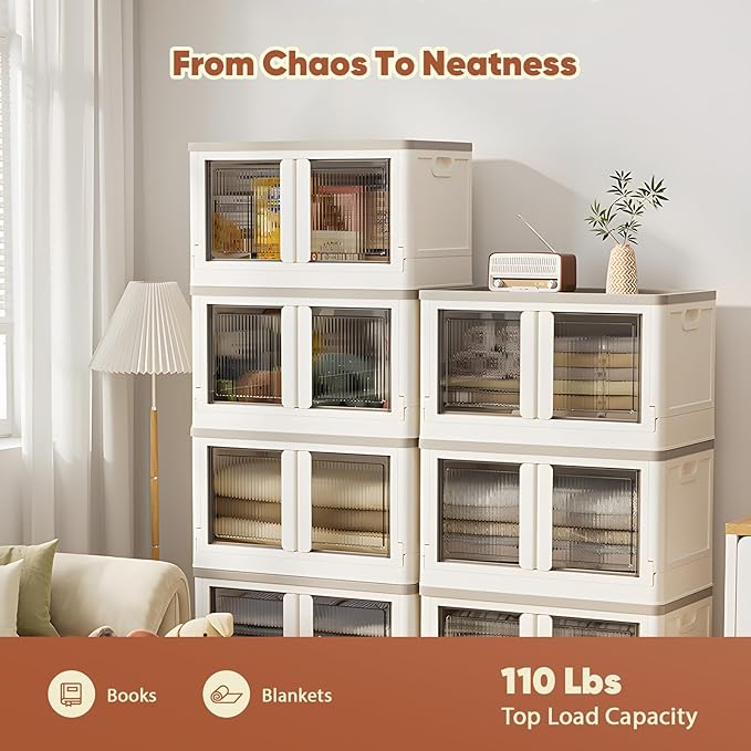 19 Gallon Collapsible Storage Box Folding Storage Cabinet with Door and Wheels Clear Door Dual Open Storage Box for Home 1 Pack