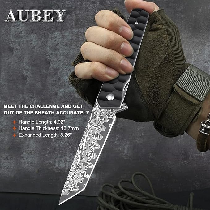 AUBEY Damascus Pocket Knife with Clip Tanto Blade Damascus Steel Folding Knives for Men Tactical Aluminum Handle with Glass Breaker for EDC Camping Gift