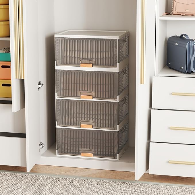 Giantex 4 Tier Stackable Storage Bins with Lids 18 GalFoldable Shoe Storage Box with Detachable Wheels &amp Flip-Up Doors Collapsible Closet Organizers and Storage Bins
