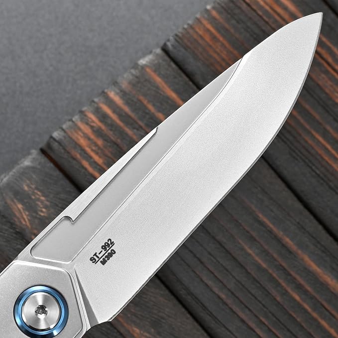 Sitivien ST992 Folding Pocket KnifeHandmade M390 Pearlescent Brushed Steel BladeTitanium Carbon Fiber Handle EDC Tool Knife for Outdoor CampingHikingSurvivalHunting(Gray)