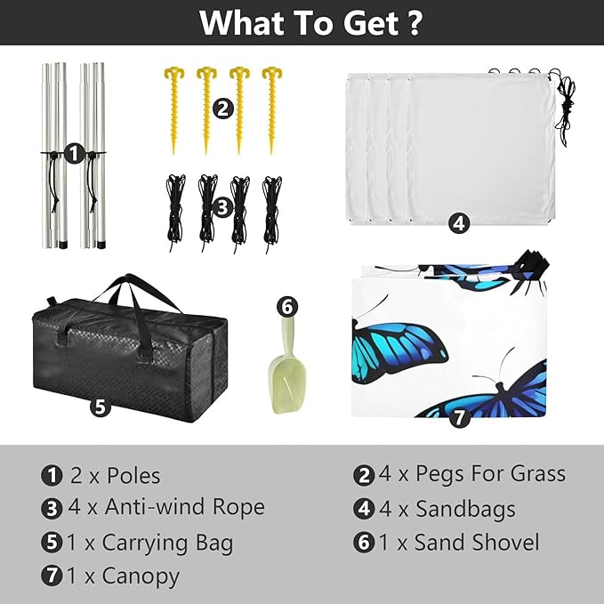 Beach Canopy with Windproof Ropes &amp Sandbags Beach Tent Sun Shade Sun Shelter for Camping Trips Fishing Backyard Fun or Picnics Blue Butterfly