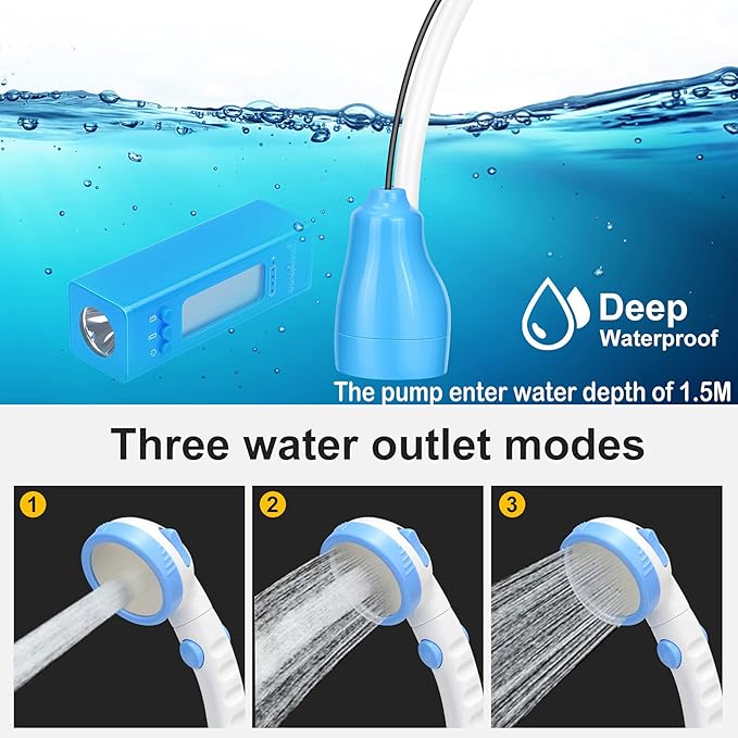 Portable Outdoor Camping Shower with Charger 5000mAh Power Bank High Capacity with LED Camping Lantern for Emergency Light Mobile phone emergency charging 3 Functions Handheld Shower Head