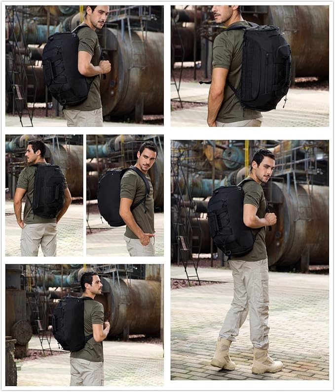 UNISTRENGH 3-Ways Tactical Military Nylon Men Holdall Weekend Travel Duffel Bag Backpack Messenger Shoulder Bags Rucksack Handbag (Black-45L)