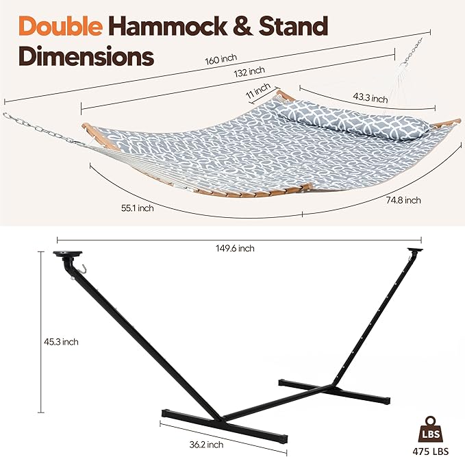 SUNCREAT Double Outdoor Hammock with 12 ft Stand Solar Powered Lights 2 Person Hammocks for Outside Grey