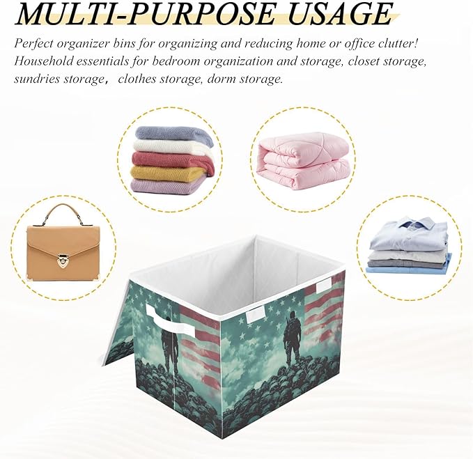 AIXIWAWA Lidded Storage Cube (Skulls Soldier American) Fabric Foldable Closet Bins with Flip Lid and Handles Organizer Basket Container 16.5 x 12.6 x 11.8 IN