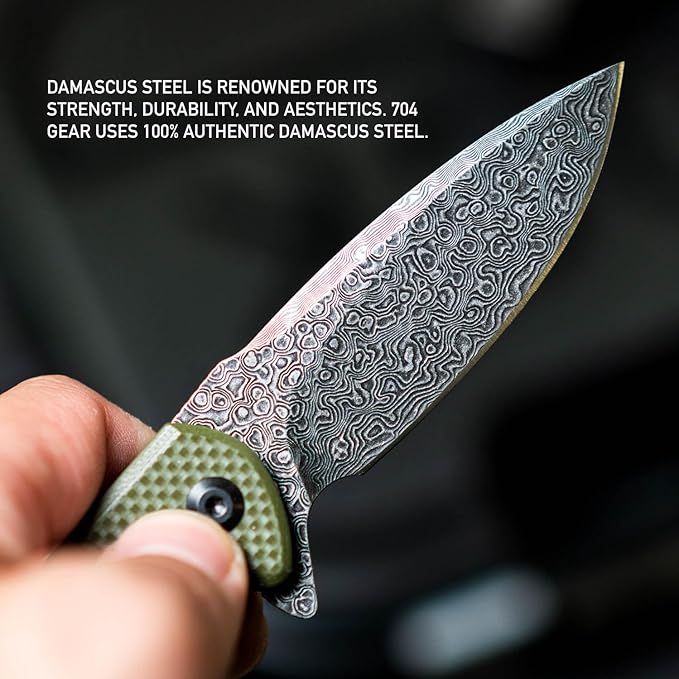704 Gear Blitz EDC Folding Pocket Knife | Compact 2.98 Blade Damascus Steel G10 Handle Reversible Pocket Clip | Olive Drab Green with Damascus Steel