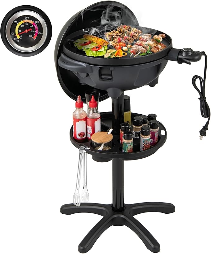 1200W Electric Grill Outdoor 2-in-1 Freestanding &amp Tabletop BBQ Grill w/Thermometer Nonstick Griddle Lid &amp Drip Tray Portable Camping Grill for Patio Backyard Party Black