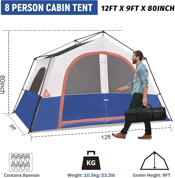 HIKERGARDEN 6-8 Person Camping Tent - Portable Family Cabin Tent for Camp Windproof Fabric Camp Tent Outdoor for Hiking Backpacking Traveling