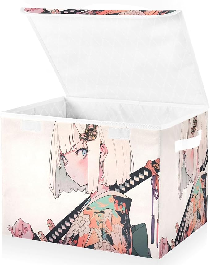 Storage Cube with Lid Beautiful Samurai Print 16.5×12.6×11.8 IN Collapsible Large Capacity Foldable Storage Basket Bin Organizer