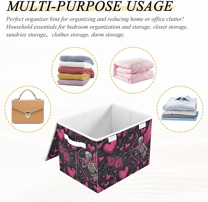 Valentine Skeleton Hearts Black Storage Box with Lid 1 PC Foldable Storage Bin with Lids Stackable Storage Bins Cube Closet Organizer Basket with Flip-Top Lid &amp Handles for Shoes Books Towels