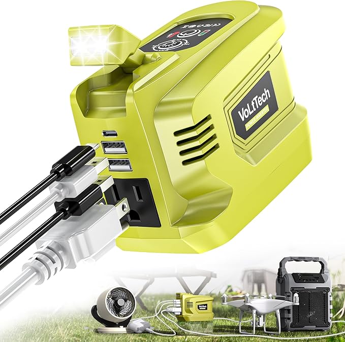 Real 200W Power Inverter Compatible with Ryobi 18V VoLtTech Battery Inverter 18V to 110V-120V Phone Charger USB Charger Adapter Power Adapter with 2 USB Ports &amp 1 Type-C &amp 1 AC Outlet (No Ba