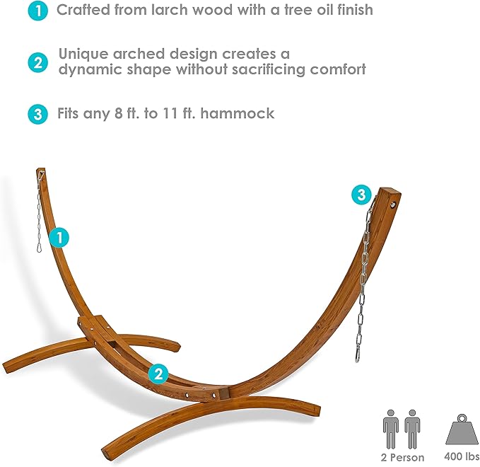 Sunnydaze Curved Wood Hammock Stand Only - 2-Person Wooden Hammock Stand for Outside with 400-Pound Capacity- 12-Foot