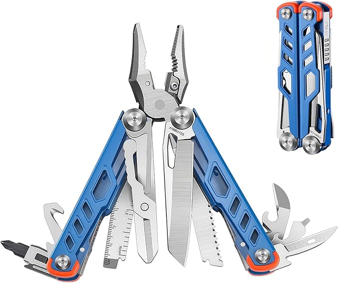 Multitool 15-in-1 Full-Size Lightweight EDC Multi-Purpose Pliers Multitools Camping Knives &amp Tools Tactical Outdoor Gear Gift Ideas for Men Gifts for Hunters Men who have Everything (Blue)