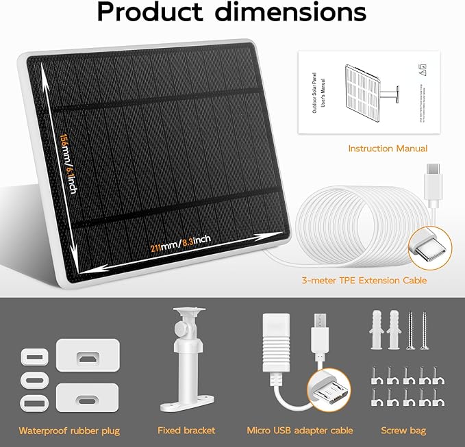 Solar Panel for eufy CameraSecurity Camera5V 4W Solar Panel for eufy Cam 2/2 Pro2C/2C ProIP65 Waterproof USB-C Solar Panel Charger for eufy with Micro USB &amp Rubber Plug