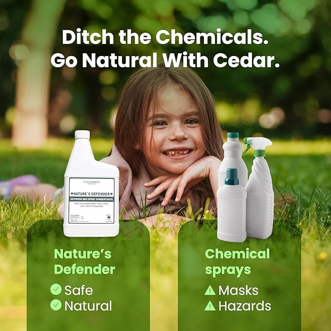 Nature's Defender Outdoor Pest Control Spray – All-Natural Cedarwood Oil Formula for Mosquitoes Ticks Fleas and Ants – Safe for Pets Kids and Plants – 32 oz Concentrate Treats 40000 sq. ft