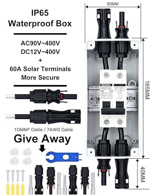 DIHOOL 60 Amp Solar Disconnect Switch dc Circuit Breaker with Cover Outdoor Miniature Circuit Breaker with din Rail Enclosure