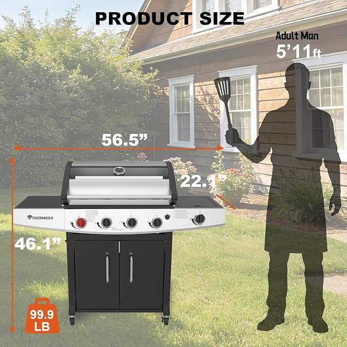 5 Burners Propane Gas Outdoor Grill 62000 BTU Side Burner 645 Sq.in Porcelain-Enameled Grates Stainless Steel Propane Grill Outdoor Cooking Patio Garden Family Barbecues Party
