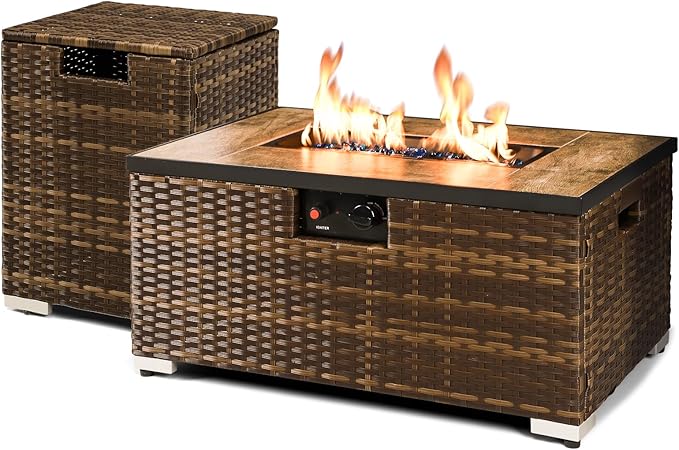 2-Piece Rattan Wicker Propane Fire Pit Table w/Tank Holder Handmade 32-inch Gas Fire Pits for Outside Patio Ceramic Tabletop with Steel Lid Lava Rocks 40000 BTU Rectangle (Brown)
