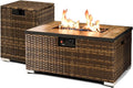 2-Piece Rattan Wicker Propane Fire Pit Table w/Tank Holder Handmade 32-inch Gas Fire Pits for Outside Patio Ceramic Tabletop with Steel Lid Lava Rocks 40000 BTU Rectangle (Brown)