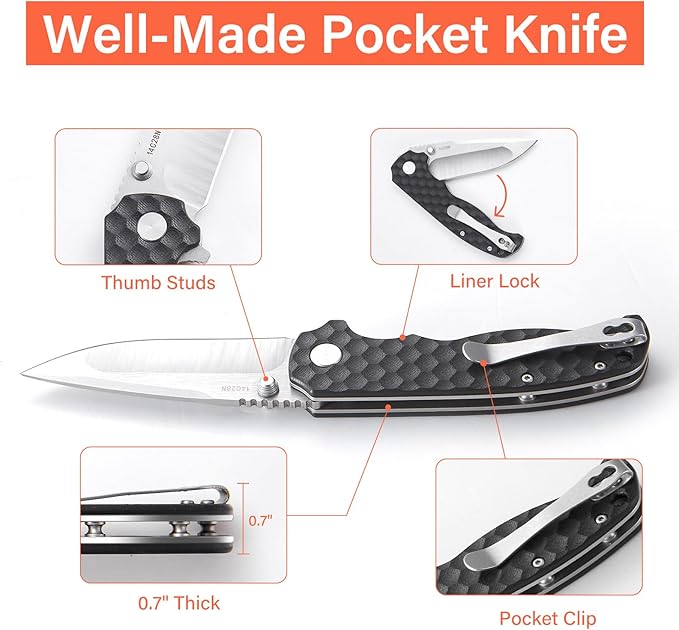 Men's Folding Pocket Knife – 3.4 Sandvik 14C28N Blade G10 Handle Ceramic Bearings Liner Lock Deep Pocket Clip – EDC Knife for Outdoor Hiking Survival Use