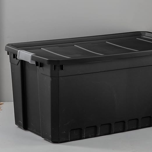 Sterilite 50-Gallon Large Stackable Rugged Industrial Storage Tote Container with Gray Latching Clip Lid for Garage Attic Worksite or Camping