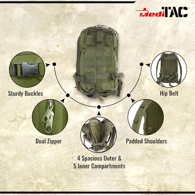 MediTac Tactical Assault Pack - First Aid Rucksack - 18 Military MOLLE Backpack