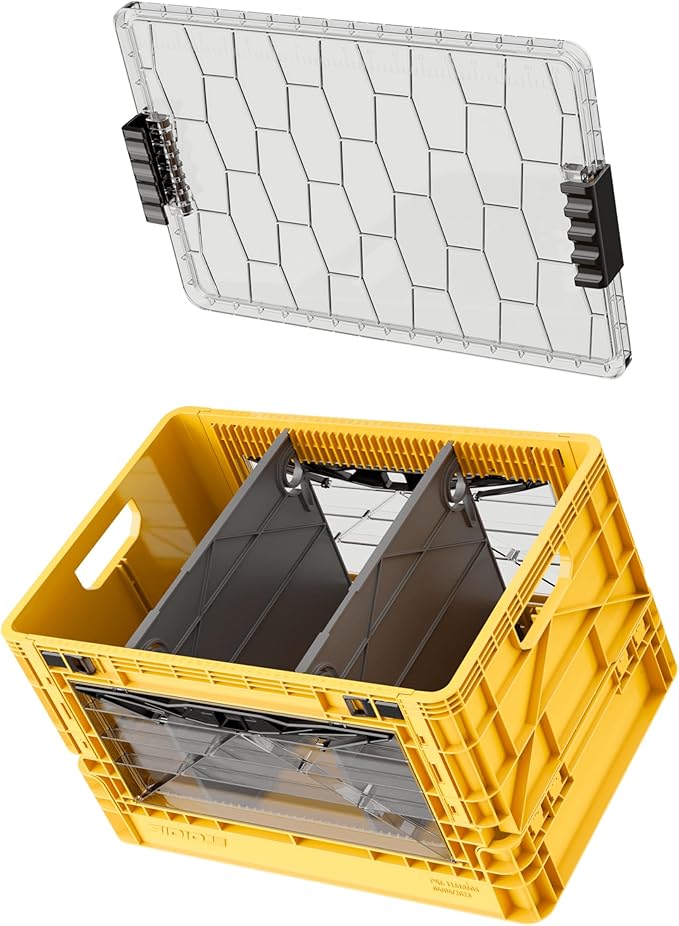 SIDIO Full-Size Collapsible Crate - Heavy Duty Stackable Storage Bin with Lid &amp 2 Short-Ways Dividers Durable Plastic Organizer for Home Office Garage &amp Outdoor Use (Sol)