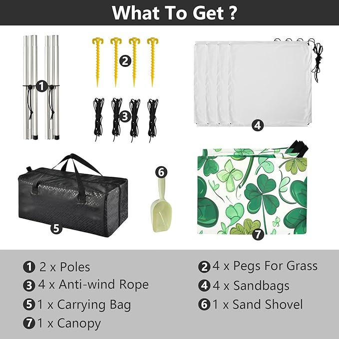 St Patrick's Clover Pattern Beach Tent Sun Shelter Set UPF50+ UV Protection 10.5 x 9.19 FT Camping Shade Canopy with Sandbags Sand Anchors Carrying Bag and Others