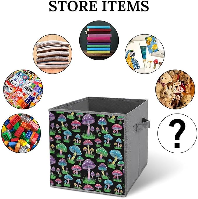 Fabric Storage Bins with Handles Neon Mushroom Foldable Collapsible Cube Organizer for Shelves Multi-Purpose Box for Bedroom Living Room Closet