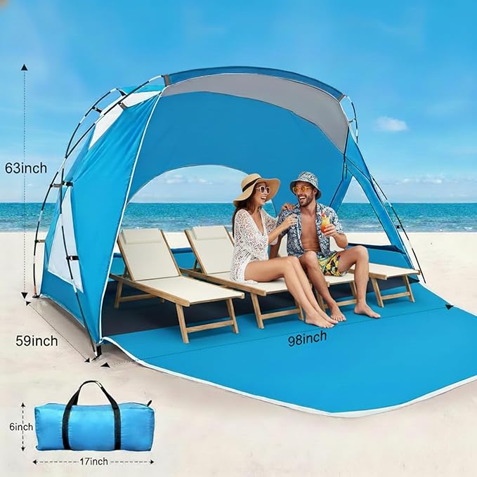Beach Tent Portable Sun Shelter for 2/3/4/6-8 Person with UPF 50+ UV Protection Easy Setup Waterproof Beach Shade Canopy Cabana for Family Outdoor and Picnics Fishing with Carrying Bag