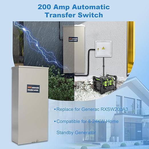 200 Amp Automatic Transfer Switch Generator Single Phase Transfer Switch with Power Management Replacement for Generac RXSW200A3 NEMA 3R Outdoor Rated Aluminum Enclosure for Indoor and Outdoor Use