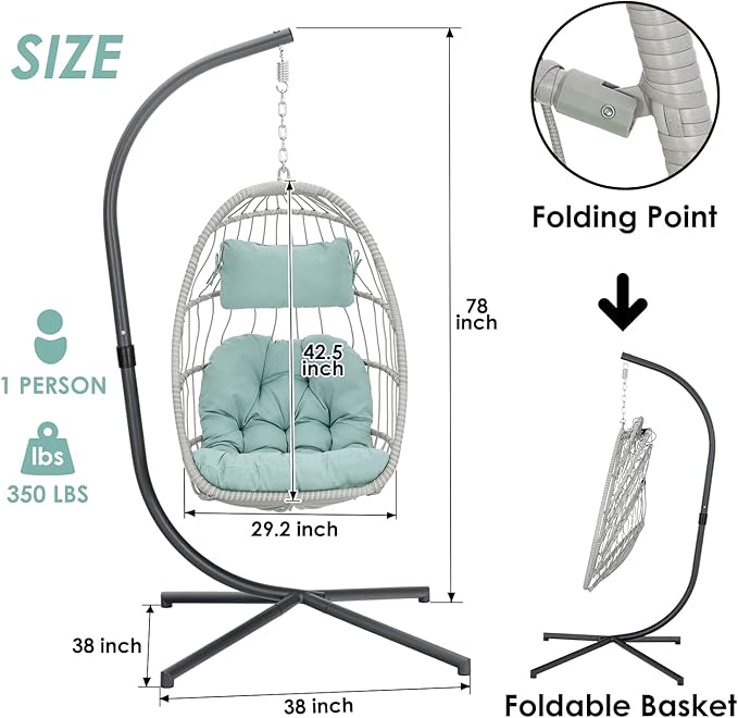 Egg Hanging Chair with Stand Hammock Egg Chair Indoor Outdoor Wicker Rattan Hanging Swing Chair Basket Egg Chair Aluminum Steel Frame and UV Resistant Cushion for Bedroom Garden Backyard Light Blue