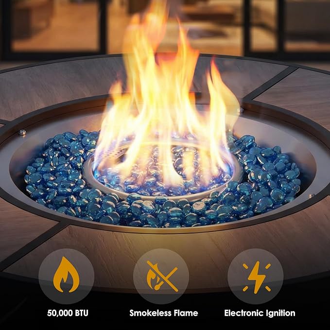 TLSUNNY 30in Propane Fire Pit Table 50000 BTU Auto-Ignition Outdoor Patio Fire Pit with Waterproof Cover Blue Fire Glass &amp Convertible Lid – CSA Certifiedfor Patio BalconyGarden Grey