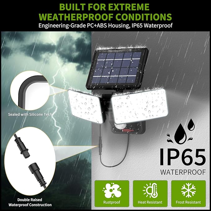 Solar Security Light with USB Power for Cams Detachable Solar Panel &amp 15ft Cord 6500K Motion Activated Outdoor Floodlight IP65 Waterproof for Yard Garage Porch