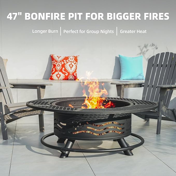Panovue 47 Inch Fire Pit with 2 Cooking Grates Outdoor Wood Burning BBQ Grill Firepit Bowl with Cover Lid Steel Round Table for Backyard Bonfire Patio Picnic (Black 47IN)