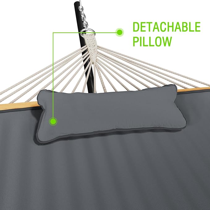 MUPATER 12FT Double Hammock with Stand Included 2 Person Hammock Outdoor Quilted Hammock with Stand Rope Hammock with Pad and Pillow hamacas para adultosGrey