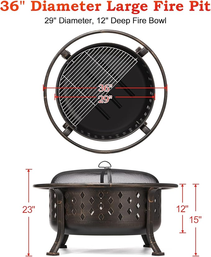 SINGLYFIRE 36 Inch Fire Pits for Outside Large Outdoor Wood Burning Crossweave firepit Heavy Duty Steel Bronze Bonfire Pit for Patio Backyard Garden with BBQ GrateSpark ScreenLog GratePoker