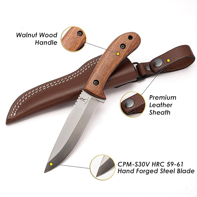 Bushcraft Knife - 9-Inch Scandi EDC Knife S30V Steel And Walnut Wood Handle Full Tang Fixed Blade with Premium Leather Sheath - For Camping Hunting Survival and Outdoor Use - Gifts For Men